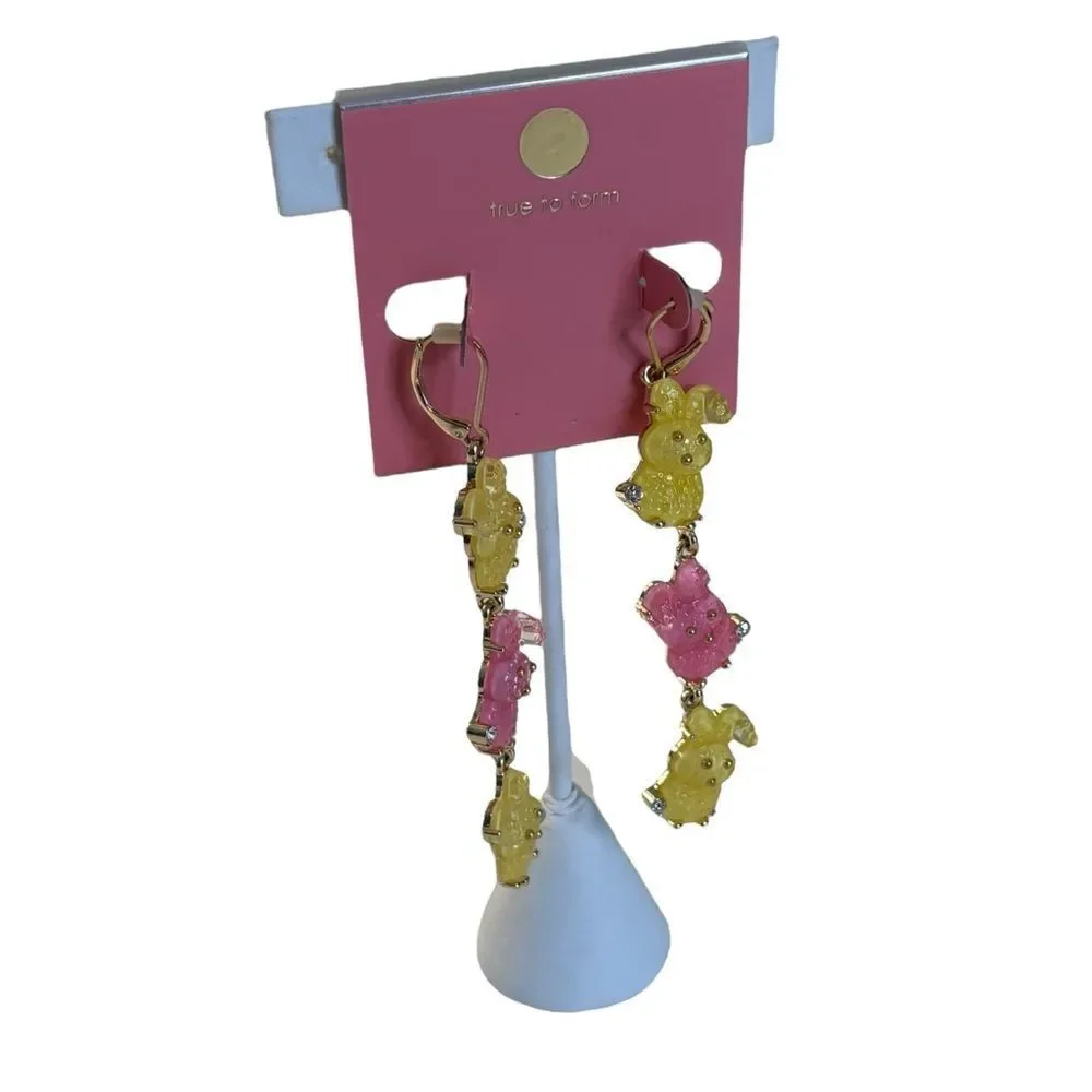 Betsey Johnson Glittery Yellow & Pink Peeps Dangle Earrings w/Rhinestone Accents